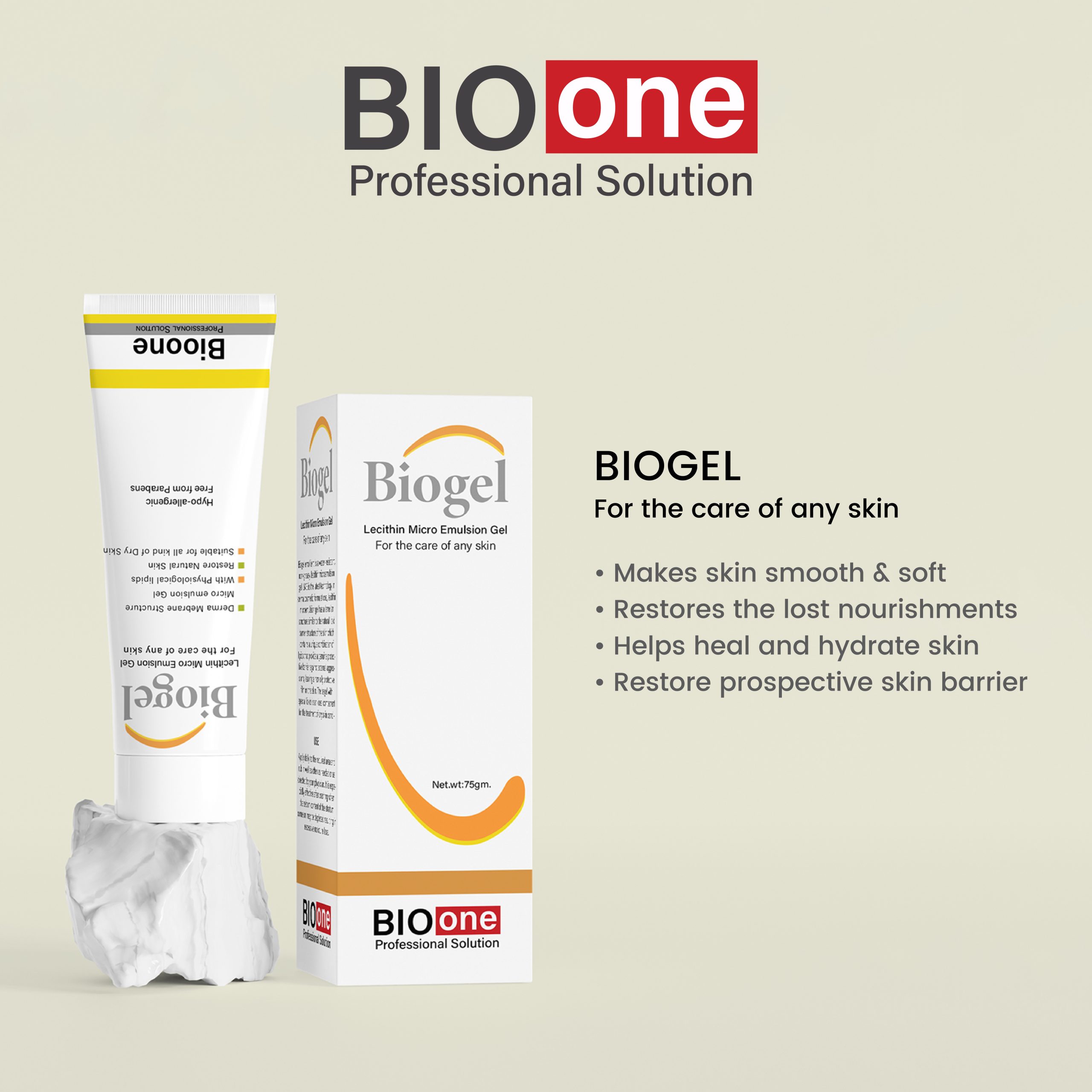 Advertisement for BIO one Biogel Lecithin Microemulsion Gel featuring the product tube, box, and benefits for all skin types.