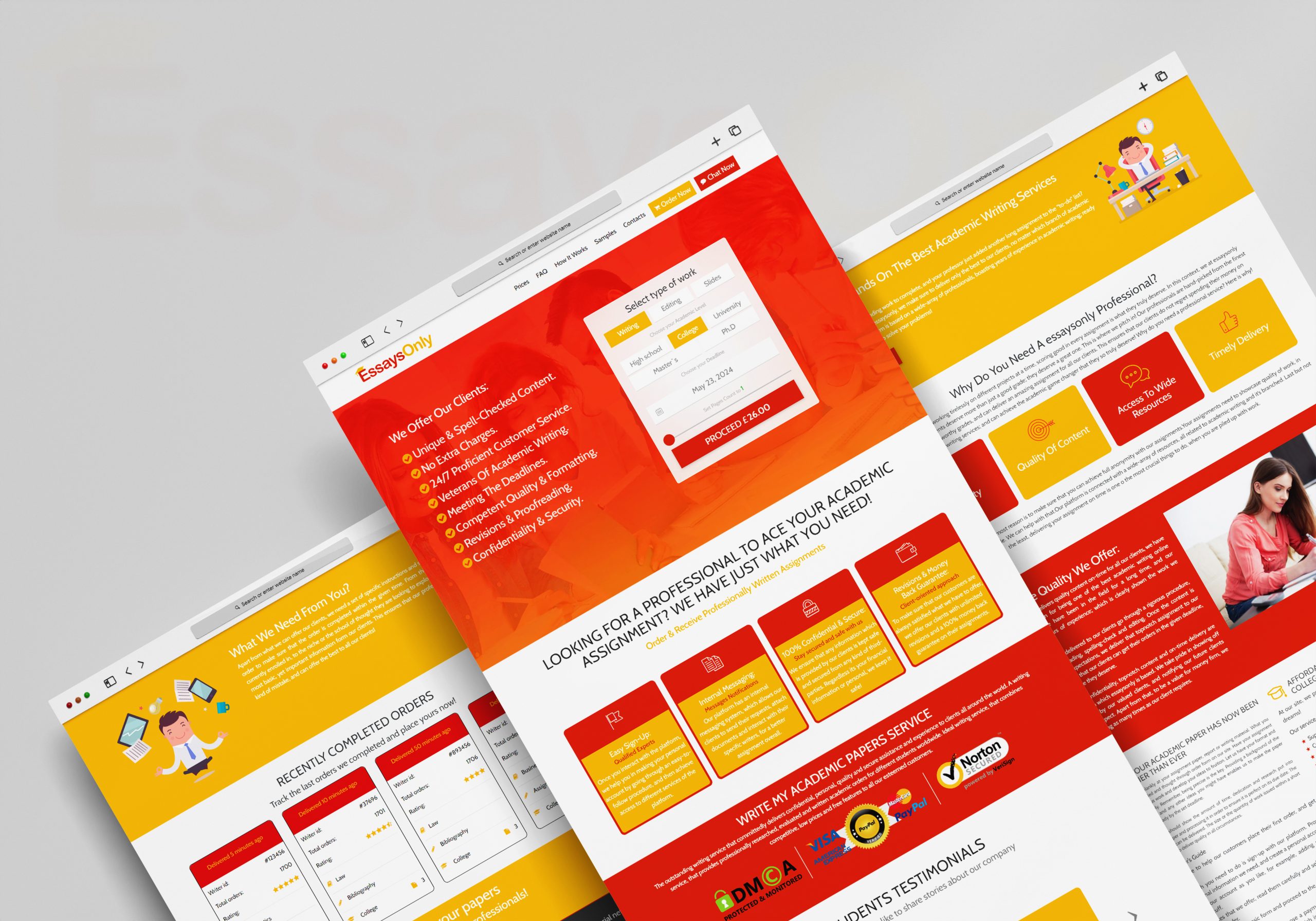 Multiple computer screens showing different pages of an academic writing service website.