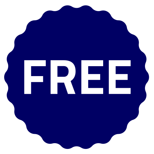 White "FREE" text on a dark blue scalloped burst shape