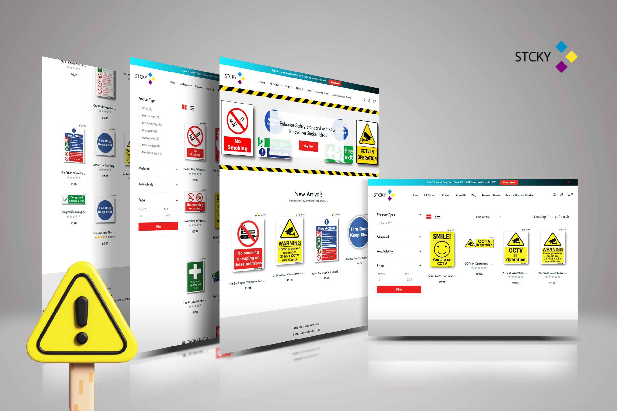 STCKY website showcasing safety signs and stickers on multiple device screens with a large yellow warning sign in the foreground.