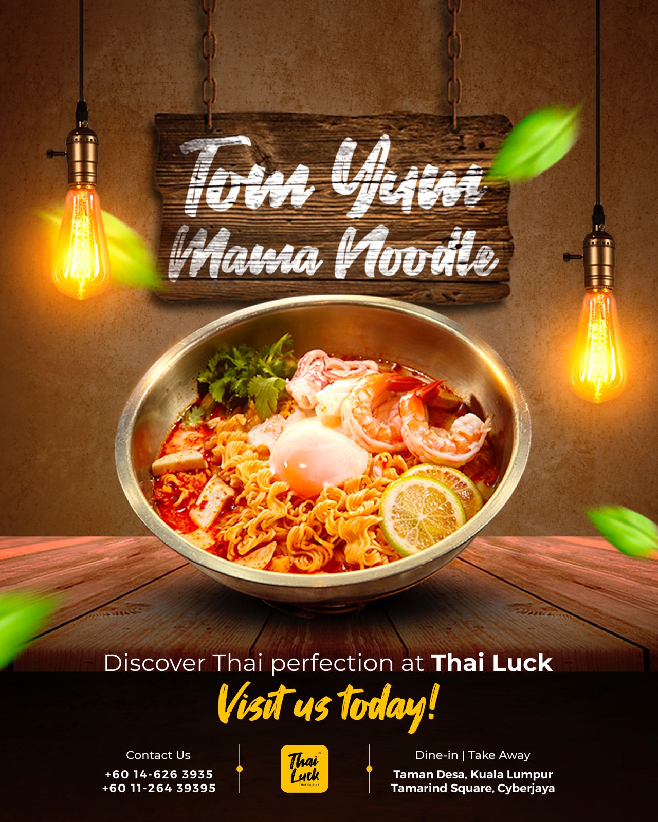 A flavorful bowl of Tom Yum Mama Noodles with shrimp, egg, lime, and herbs, featured in a warm, rustic setting at Thai Luck.