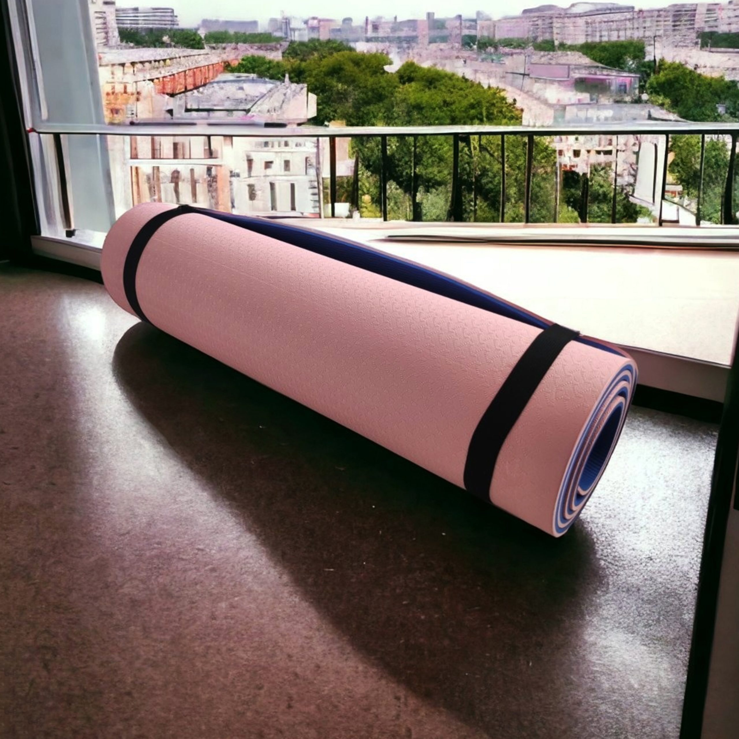 Rolled pink and blue yoga mat with black straps on a balcony overlooking a cityscape.