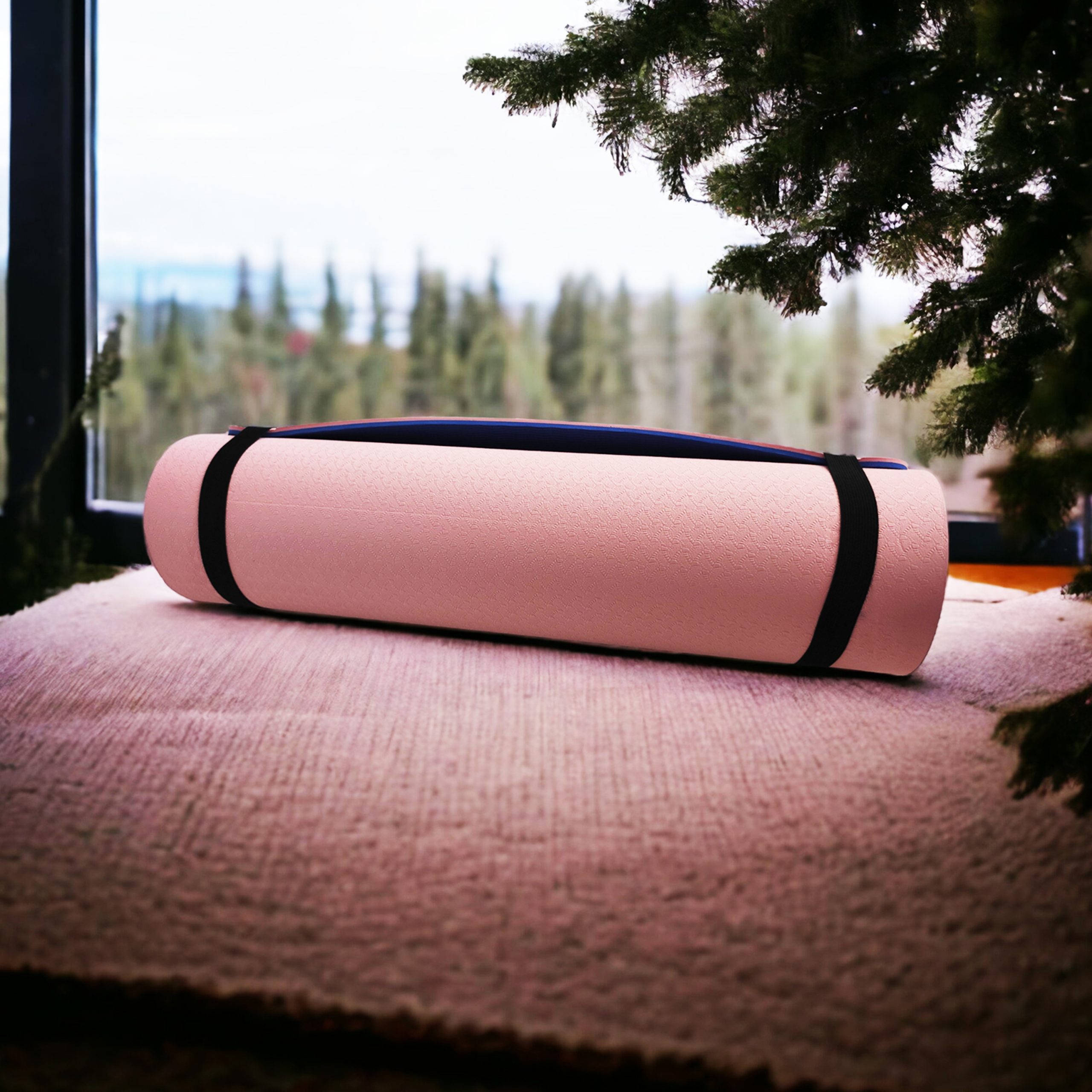 Rolled pink and blue yoga mat with black straps on a textured surface near a window with a view of trees.