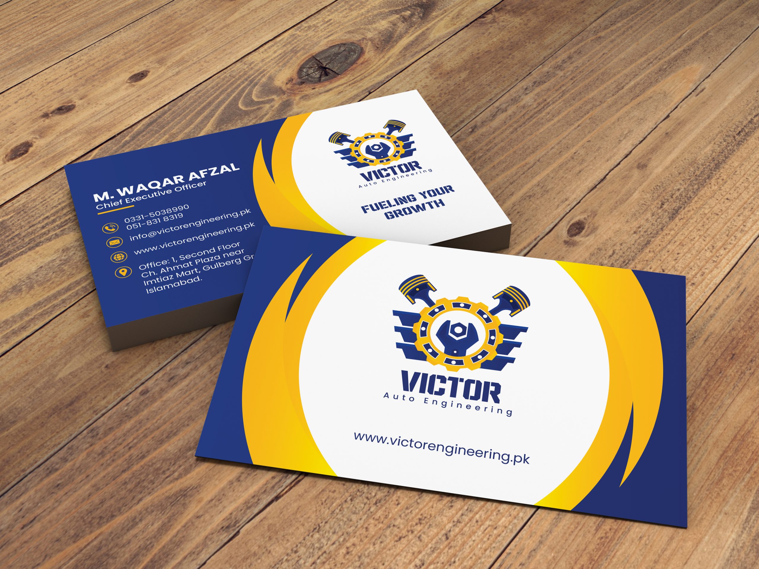 Stack and individual business card for M. Waqar Afzal, CEO of Victor Auto Engineering