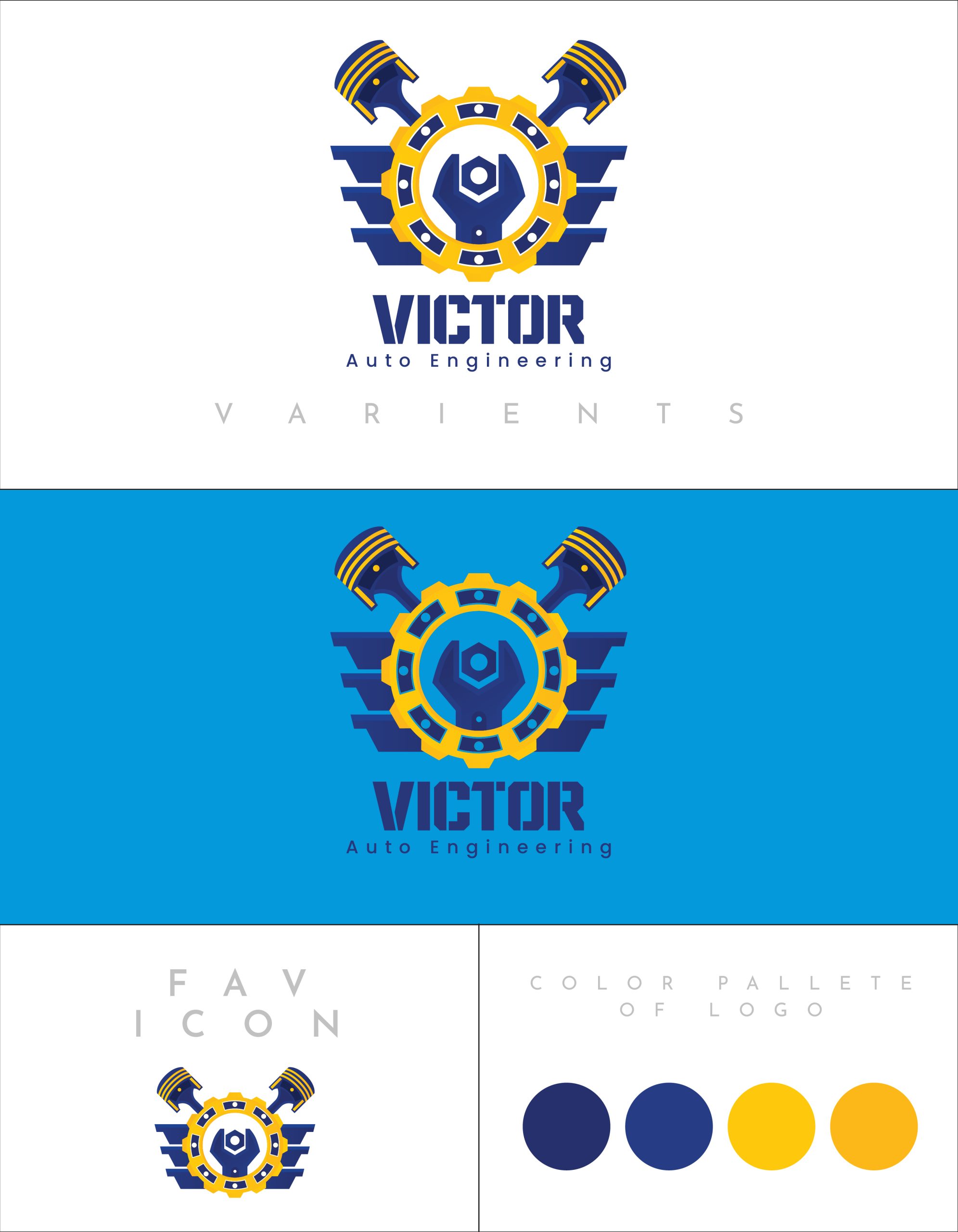 Presentation of the "Victor Auto Engineering" logo in different variations, including a favicon and the color palette of dark blue, medium blue, dark yellow, and light yellow.
