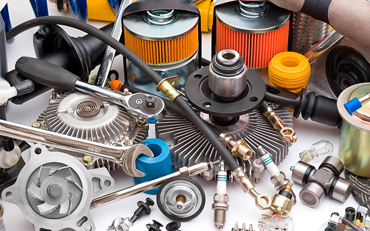 Assortment of new car parts, including filters, spark plugs, wrenches, and other mechanical components.