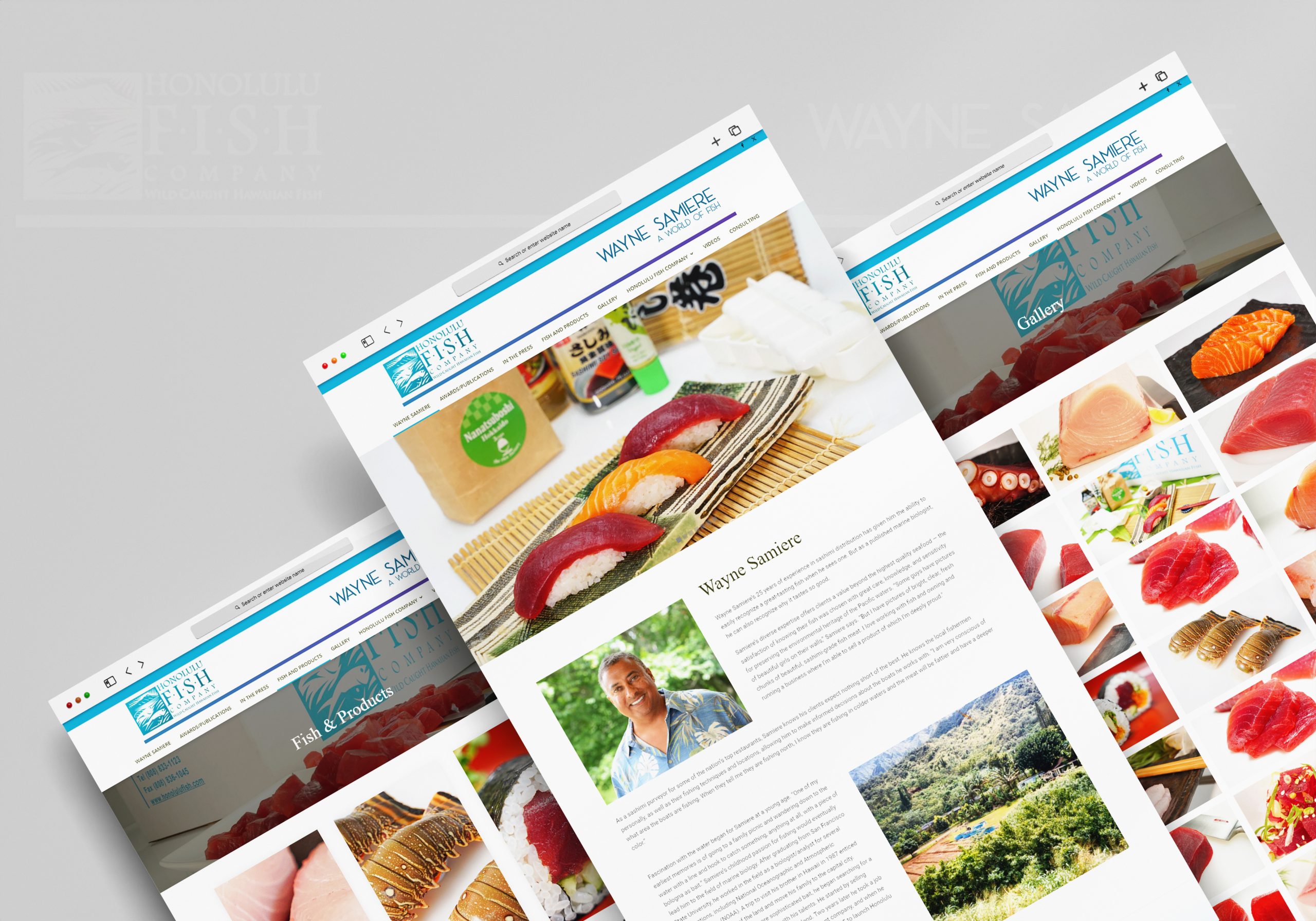 Multiple views of the "Wayne Samere Fish" website design showcasing fresh fish and seafood products, as well as information about Wayne Samere.