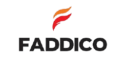 "Faddico" logo with two stylized flame-like shapes in orange and red above the black text.