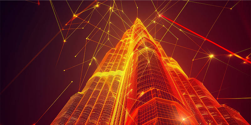 Digitally enhanced view of a tall skyscraper, possibly the Burj Khalifa, with glowing orange and red network lines extending from it.