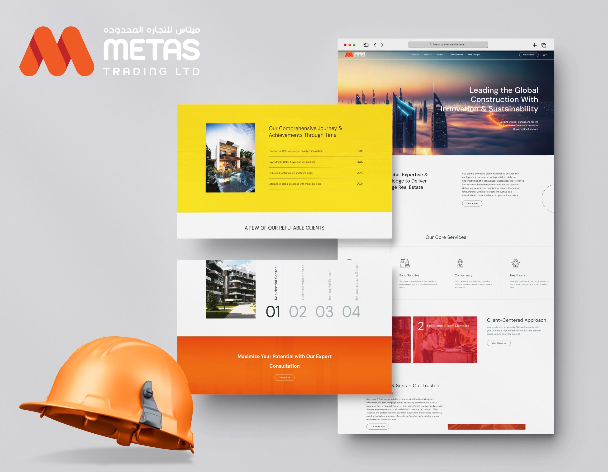 Website mockup for METAS TRADING LTD with logo, construction imagery, and hard hat