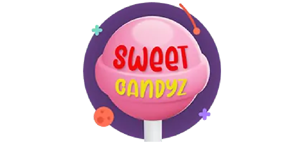 "Sweet Candyz" logo featuring a pink lollipop on a purple circle with playful star and circle accents.