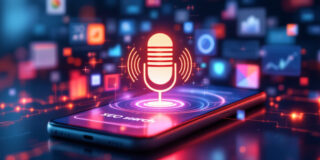 Smartphone with holographic microphone and "SEO SEARCH" text in a digital environment