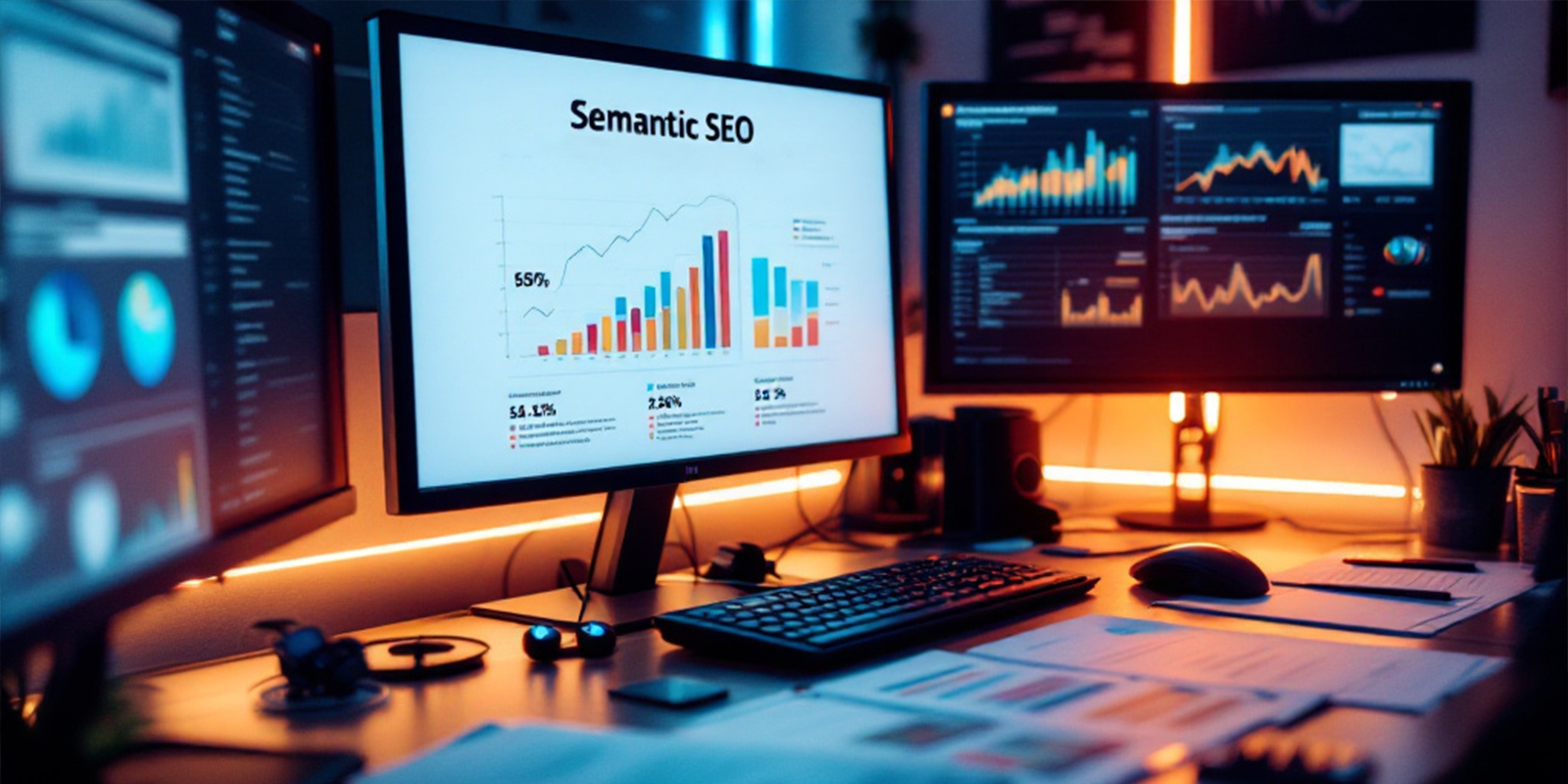 Three computer monitors displaying Semantic SEO analysis and website performance data