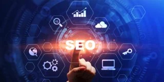 Finger touching a digital "SEO" interface surrounded by related icons and a glowing background.