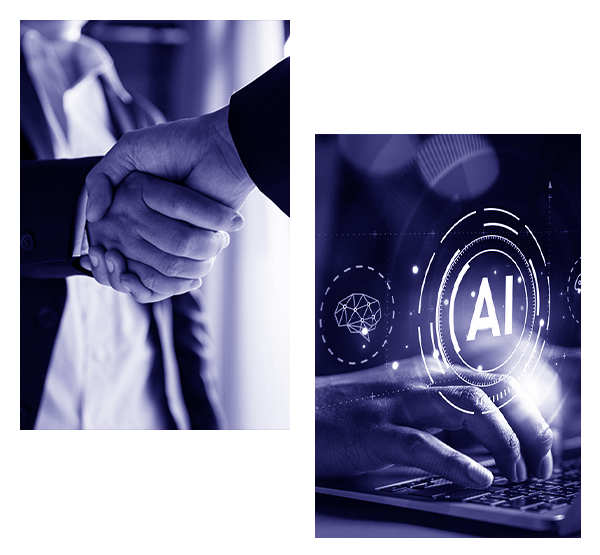 Image showing a handshake between two people in suits alongside hands typing on a laptop with an AI interface displaying holographic elements.