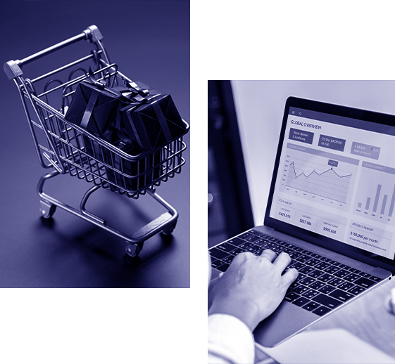 Collage of an online shopping cart with gift boxes and hands typing on a laptop displaying business analytics on a transparent background.