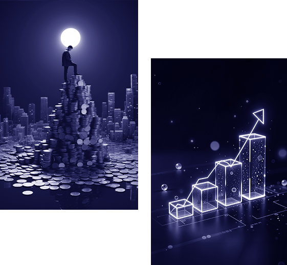 Collage of a figure standing on a coin stack overlooking a city under a full moon and a glowing upward trending bar graph on a dark background with a transparent overlay.
