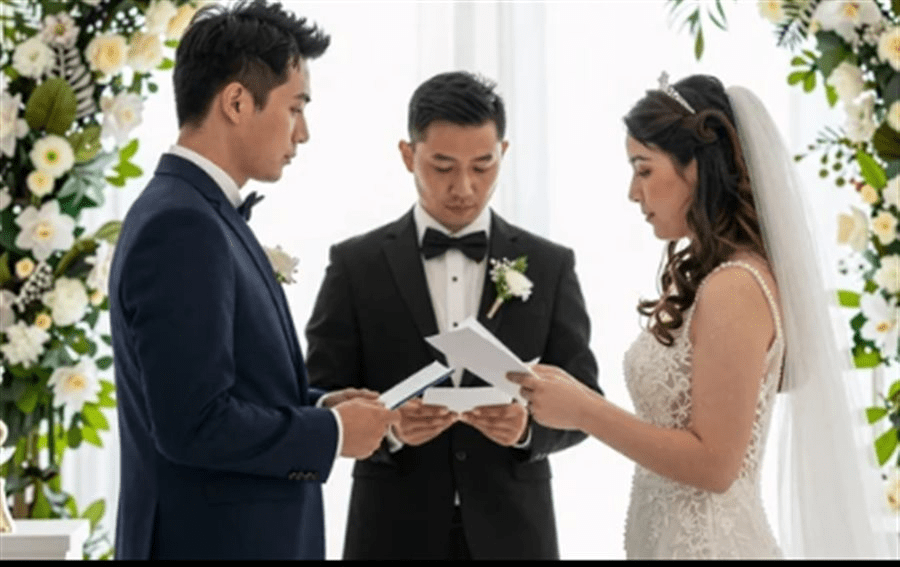 Travis officiating a wedding ceremony for a couple