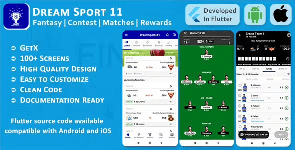 Dream Sports 11 - Fantasy, Contest, Matches, Rewards - Flutter Mobile UI Template/Kit (Android, iOS)
