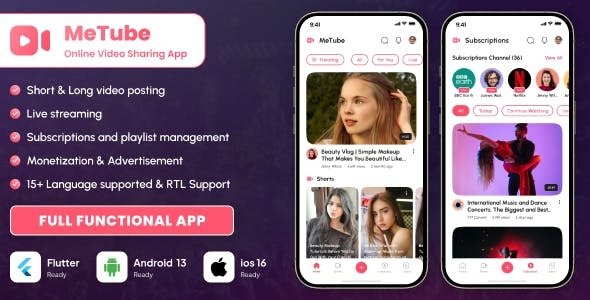 Metube - Video sharing app, Youtube clone in Flutter | Android | iOS with admin panel