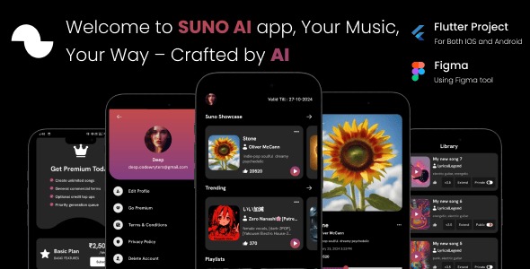 SUNO AI - AI-Powered Music Generator | Lyrics to Song Generator | iOS | Android | Flutter Full App