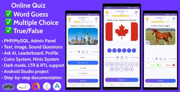 Online Quiz | Multiple Choice + True/False + Word, Sound, Image Guess for Android with Admin Panel