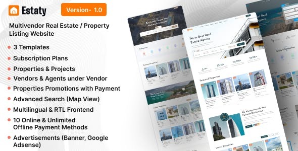 Estaty - Multivendor Real Estate / Property Listing Website (Subscription Based)