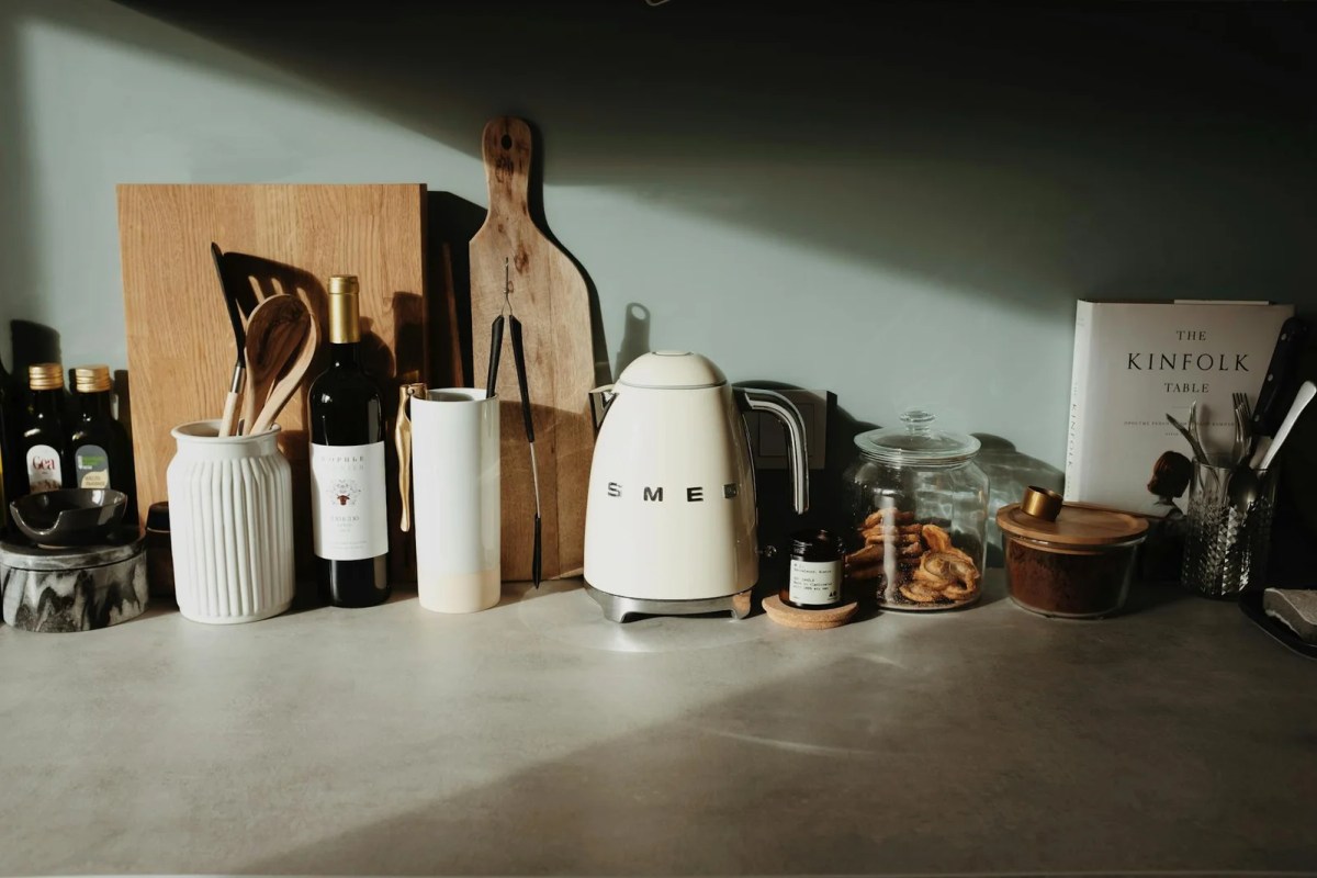 rustic kitchen organization kitchenware on a countertop