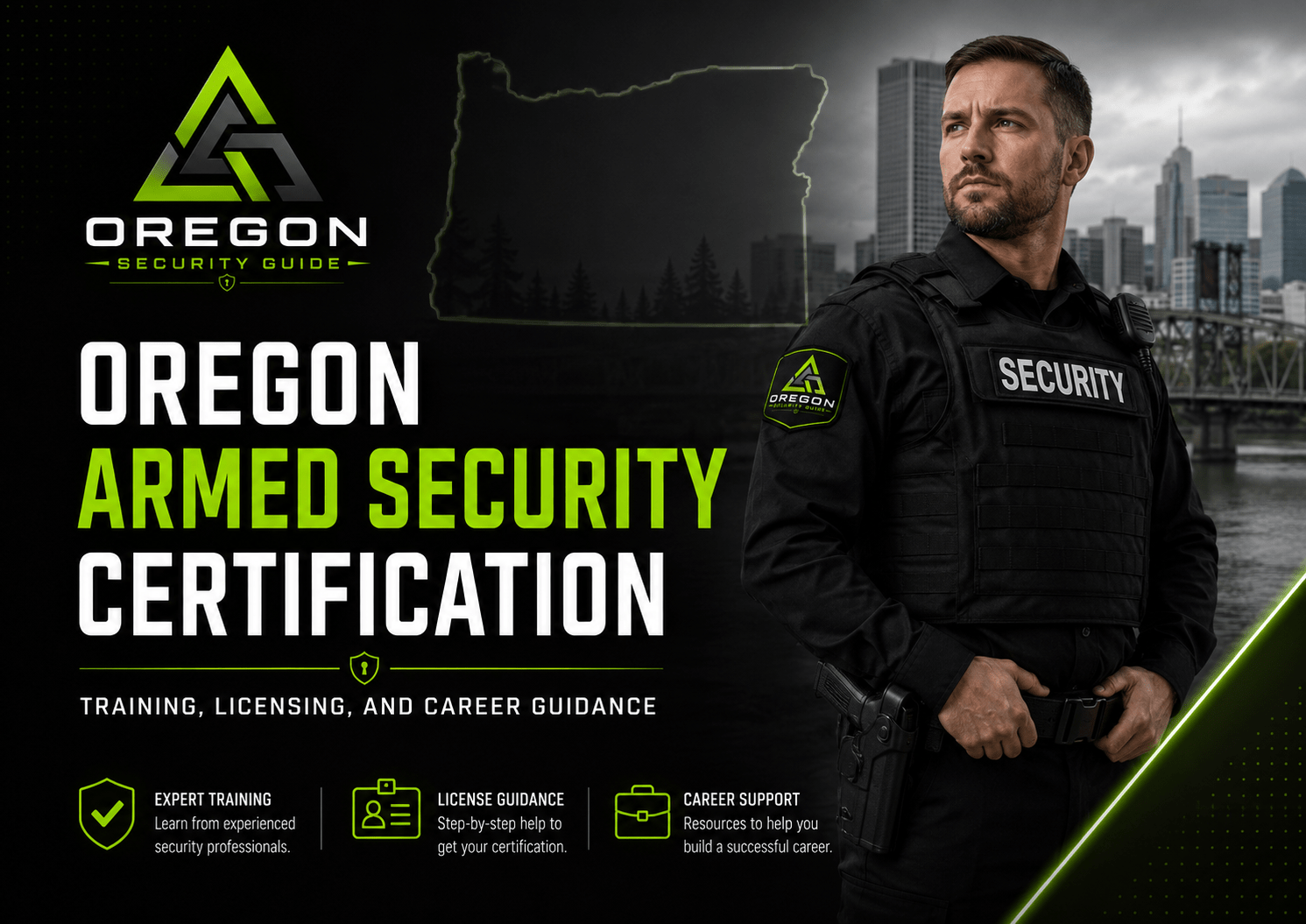 Professional Oregon security officer in uniform beside Oregon Security Guide branding for an armed security certification guide.