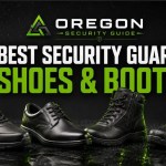 Four black security guard shoes and tactical boots beneath the Oregon Security Guide logo