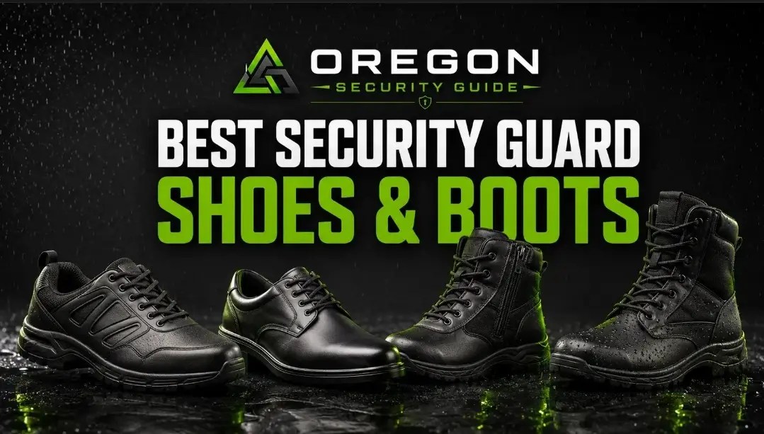 Four black security guard shoes and tactical boots beneath the Oregon Security Guide logo