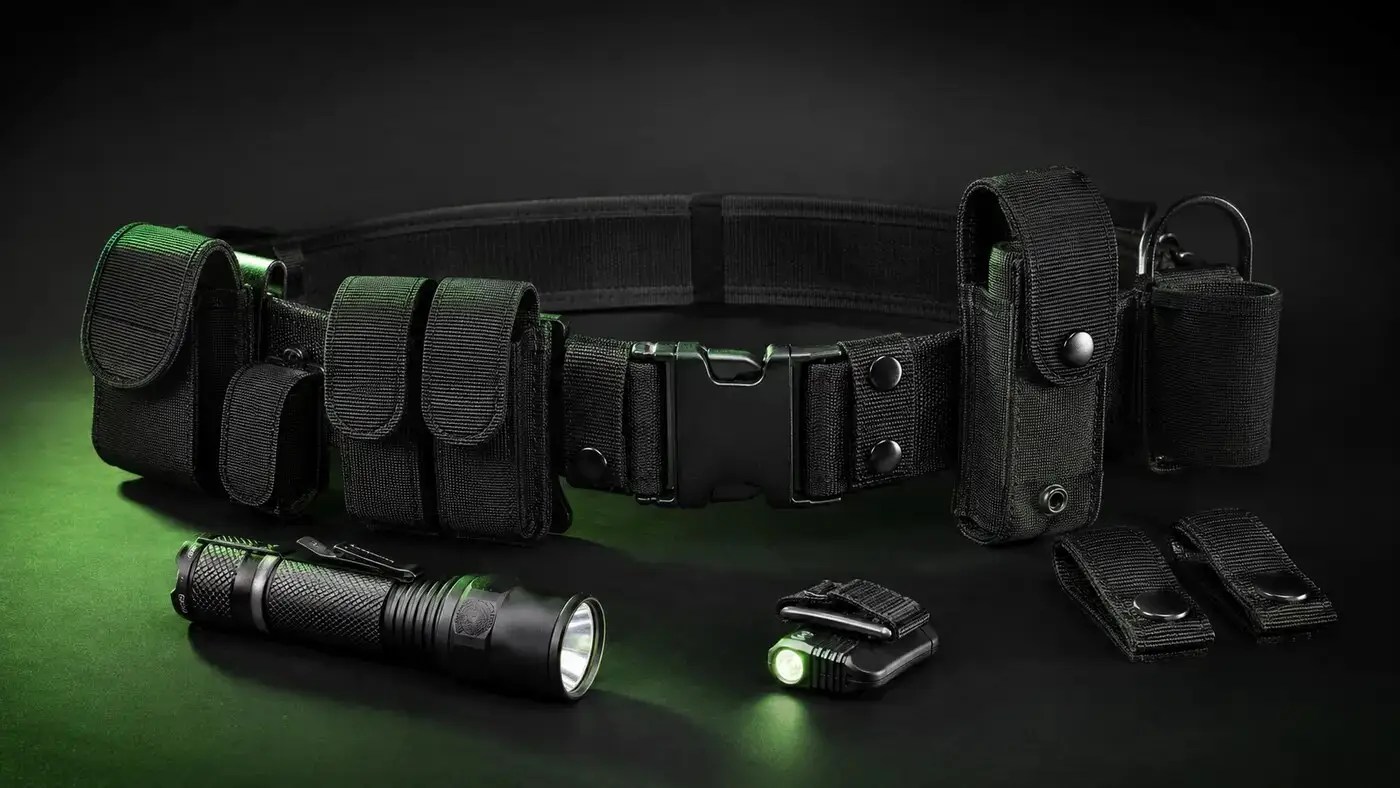 Security guard duty belt with flashlight and clip light equipment