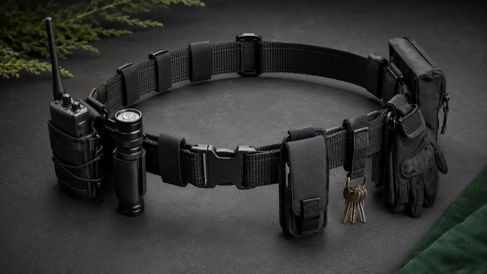 Professional black security duty belt arranged with a radio, flashlight, gloves, keys, and utility pouches
