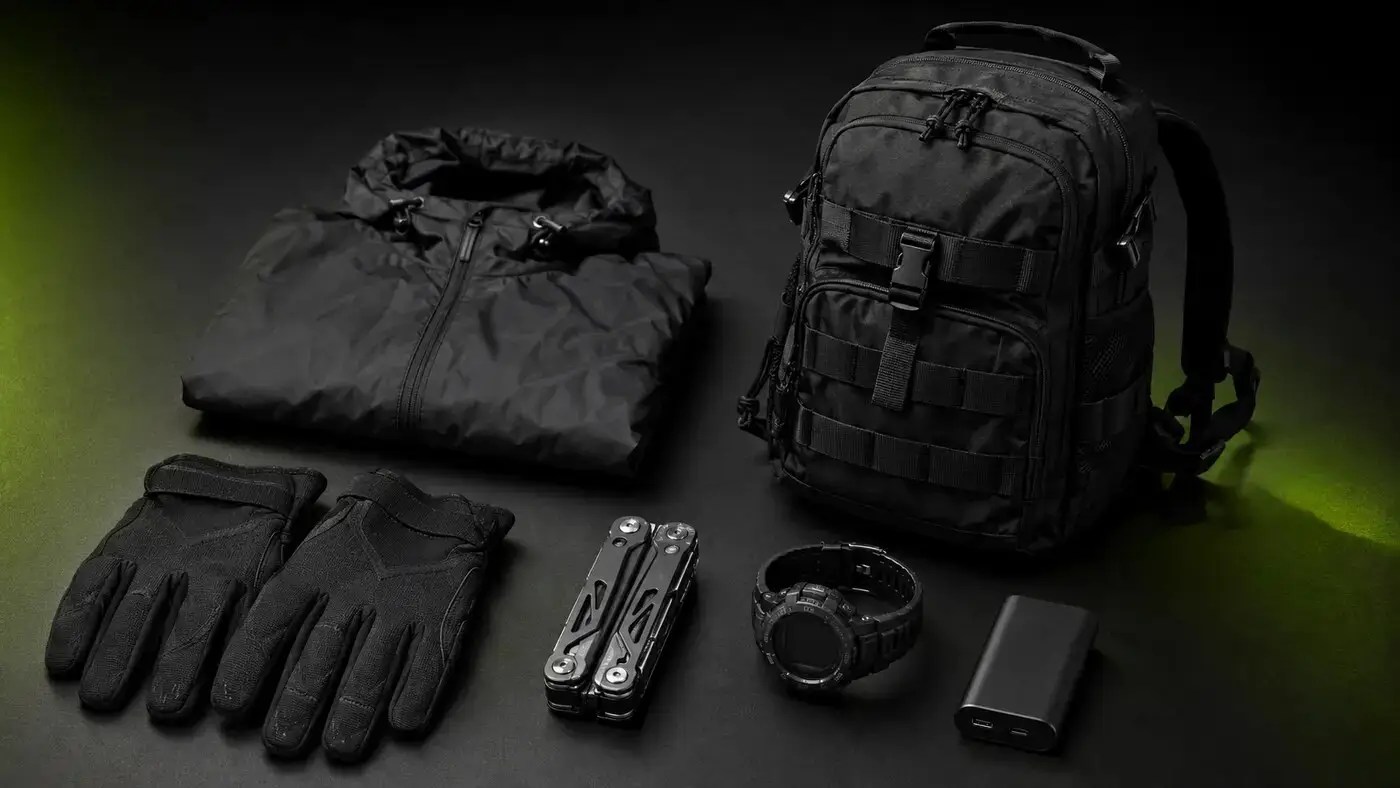 Security guard gloves, multitool, rain gear, backpack, watch, and power bank