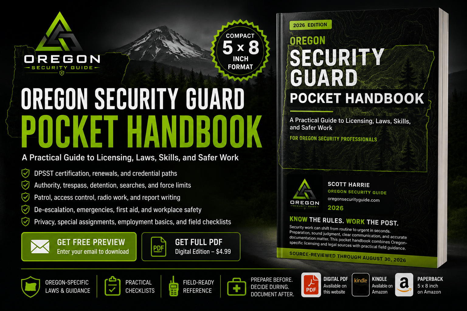 Oregon Security Guard Pocket Handbook available as a free preview, PDF, Kindle, and paperback