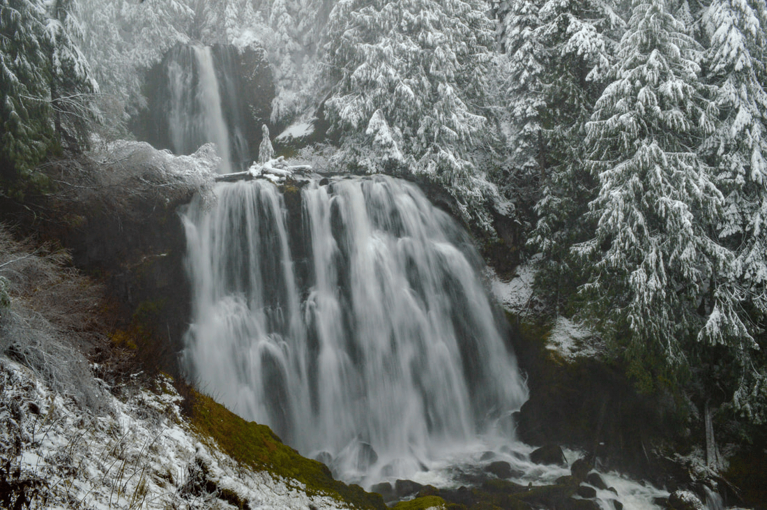Marion Falls in Mt. Jefferson Wilderness, a multi-tiered cascade in old-growth forest with Gatch Falls visible below