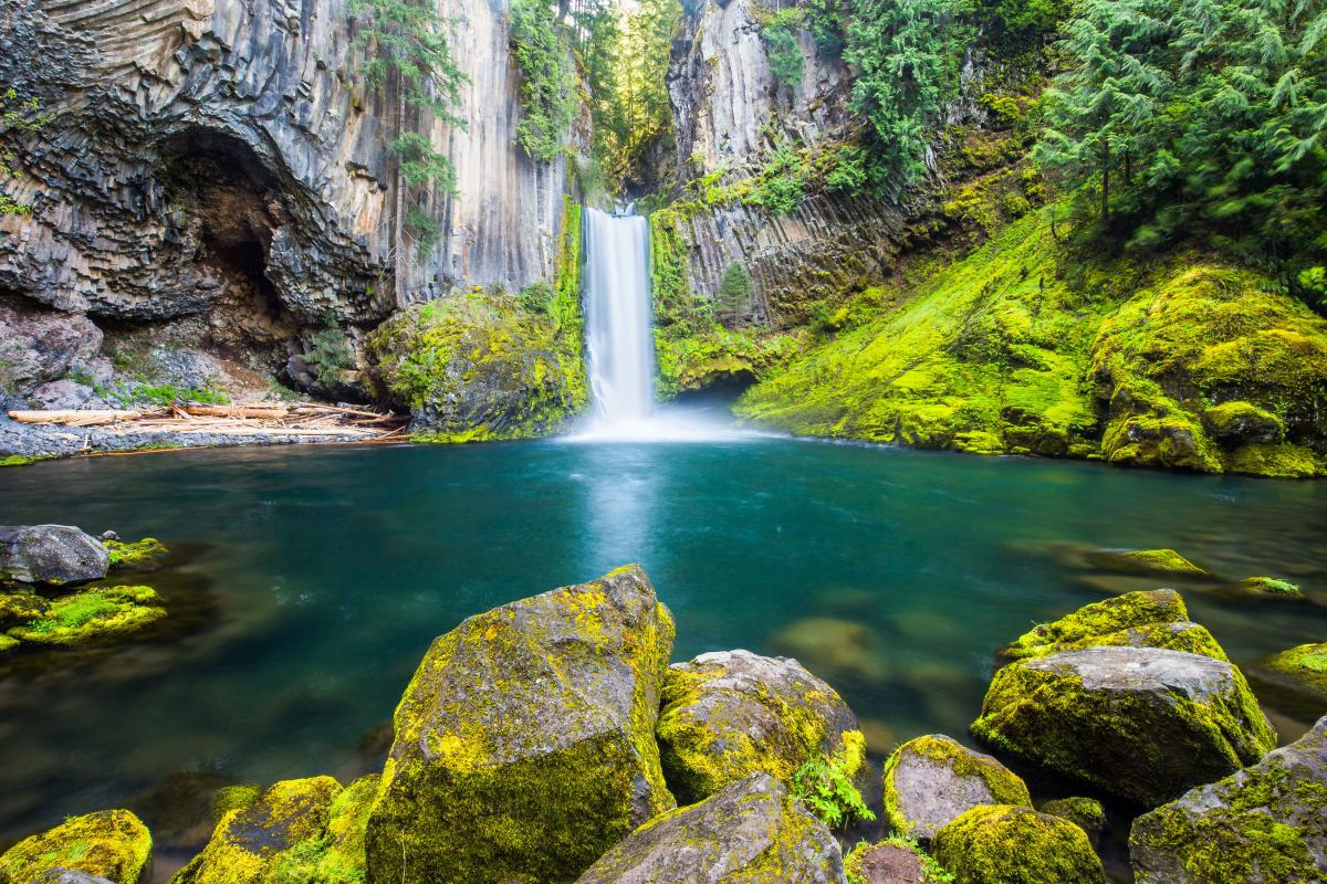 Toketee Falls, a 113-foot two-tiered waterfall framed by hexagonal columnar basalt formations on the North Umpqua River