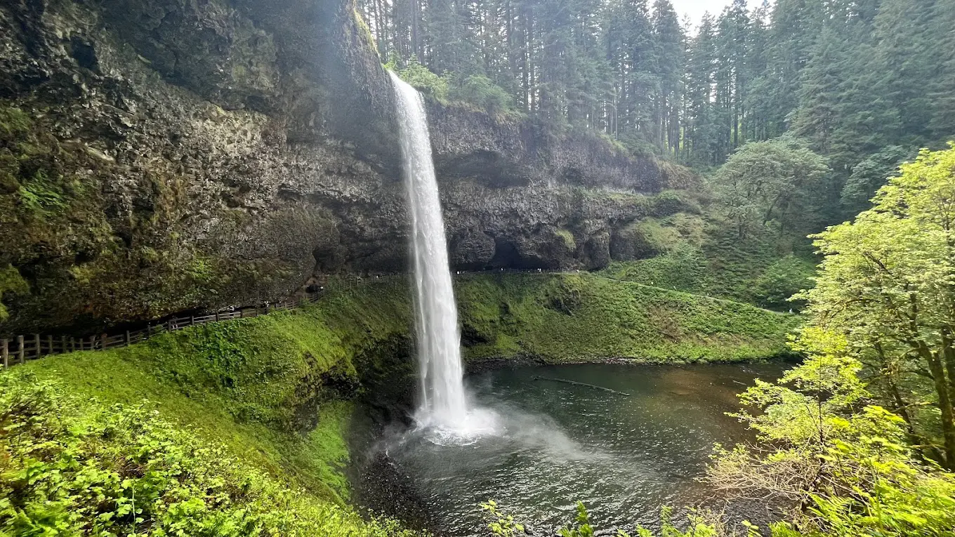 South Falls at Silver Falls State Park, a 177-foot waterfall with a trail running behind it through a basalt overhang