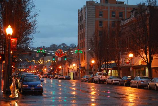 Historic buildings and storefronts along Main Street in downtown Pendleton, Oregon