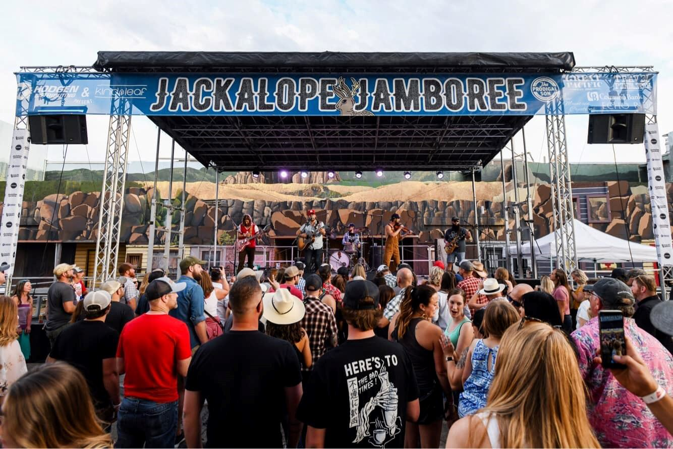 Band performing on stage at the Jackalope Jamboree music festival in Pendleton