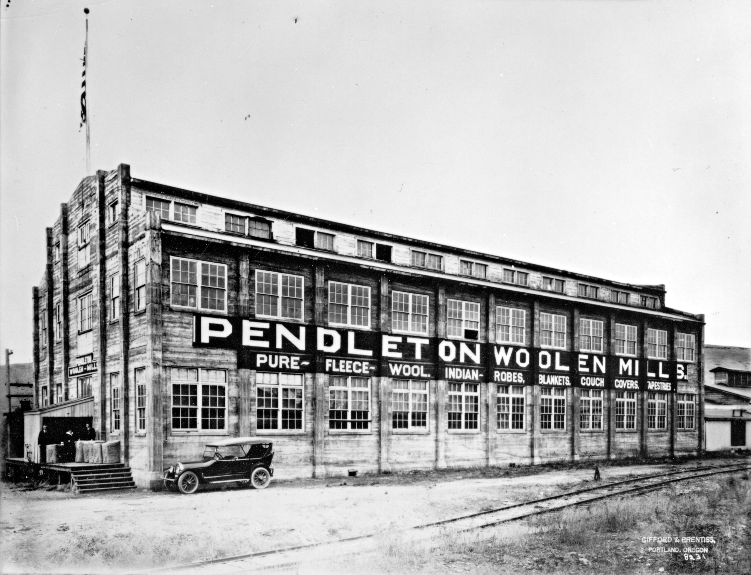 Interior of the Pendleton Woolen Mills factory showing wool production equipment