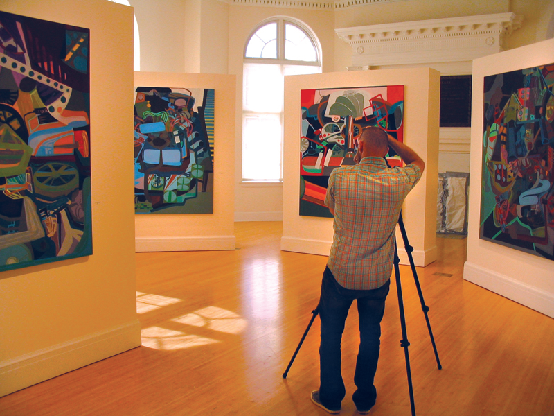 Gallery space inside the Pendleton Center for the Arts with artwork on the walls