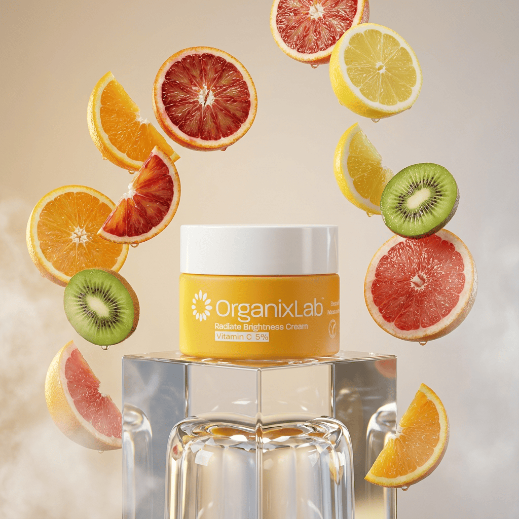OrganixLab Radiate Brightness Cream with floating citrus fruit
