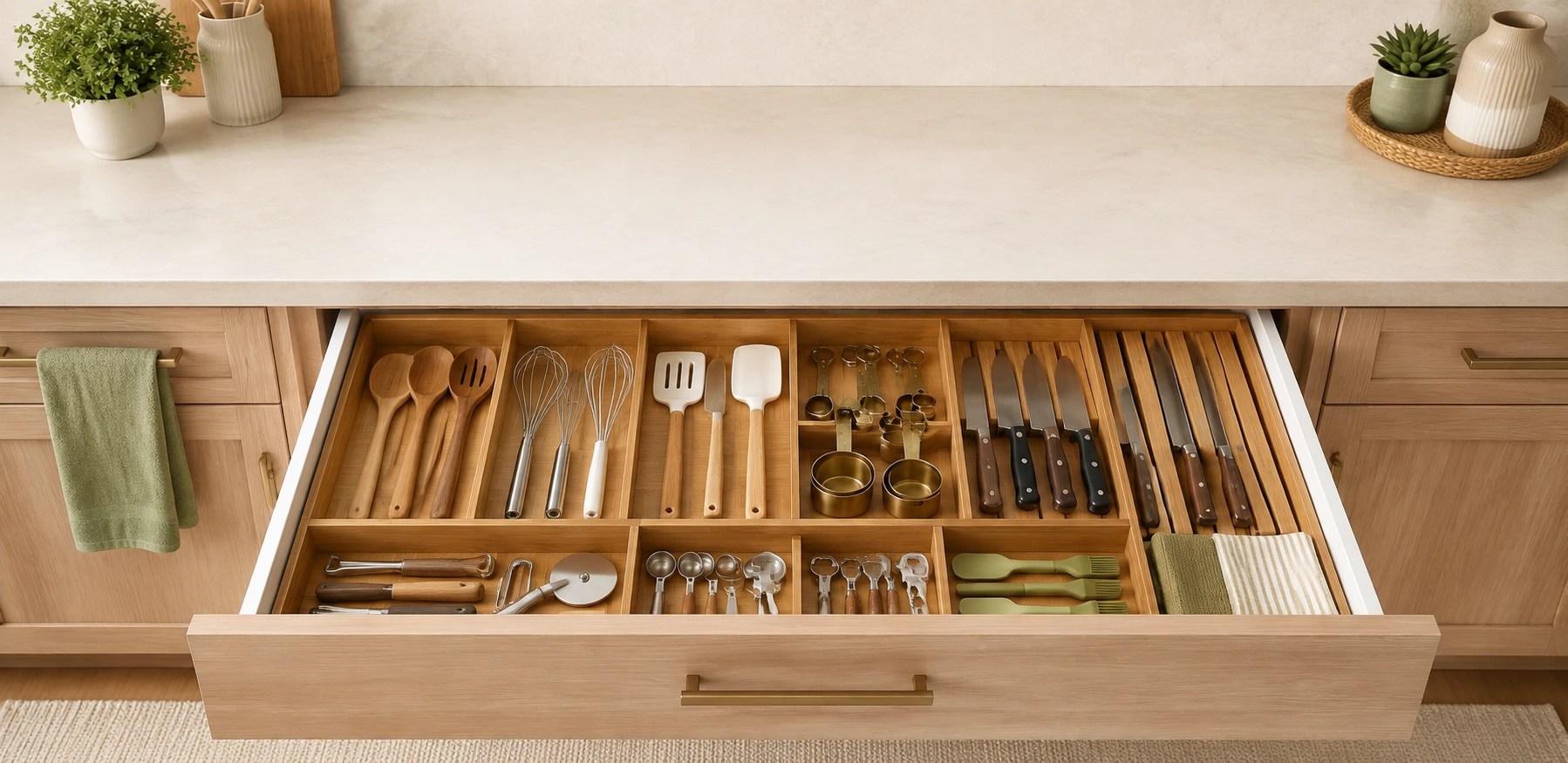 Stop buying random bins. This kitchen drawer organizer guide covers exact measurements, the 3-Zone Buffer Method, and which materials actually last.