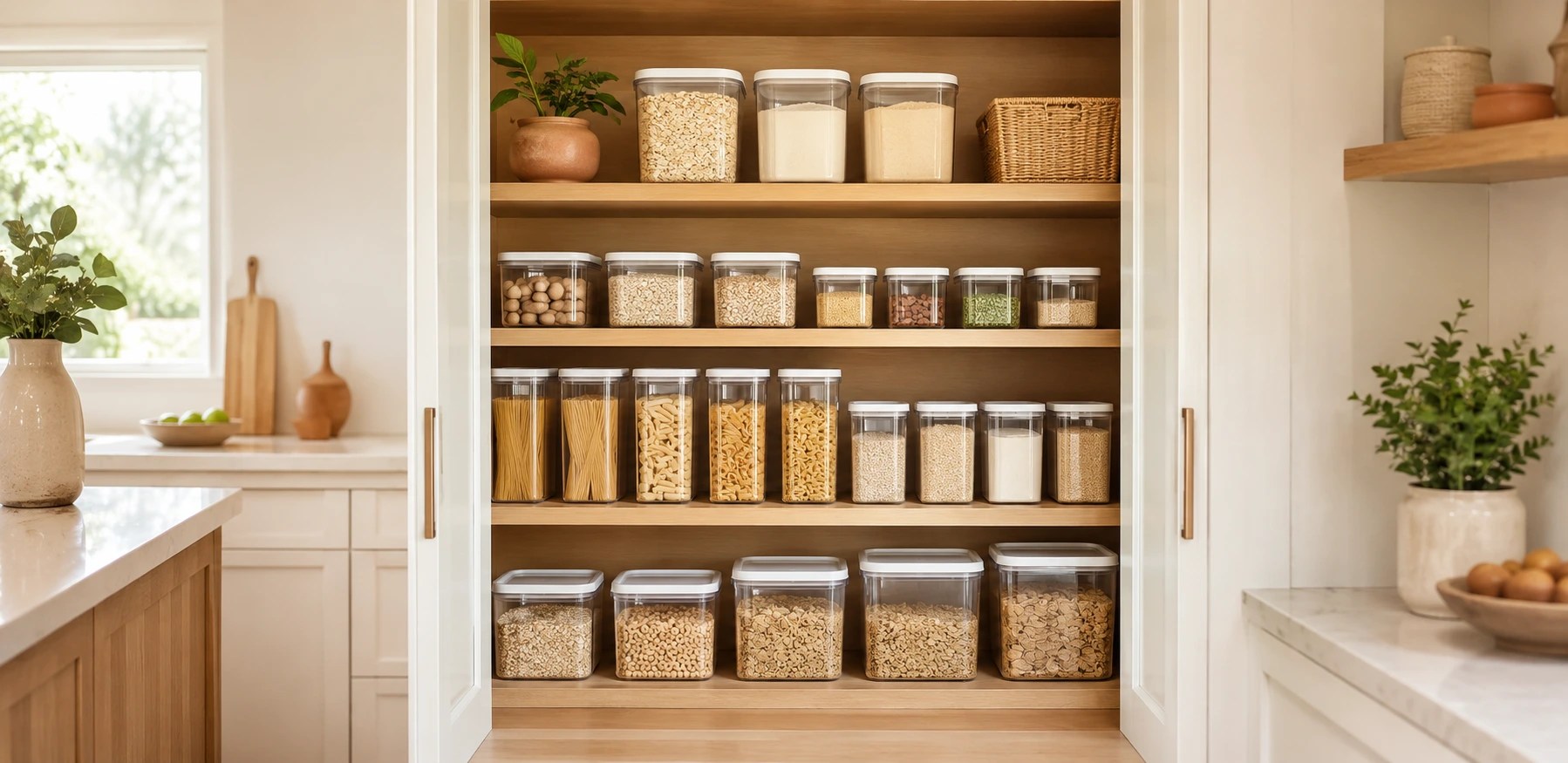 Open pantry organized with durable glass and plastic containers grouped by size on warm wood shelves
