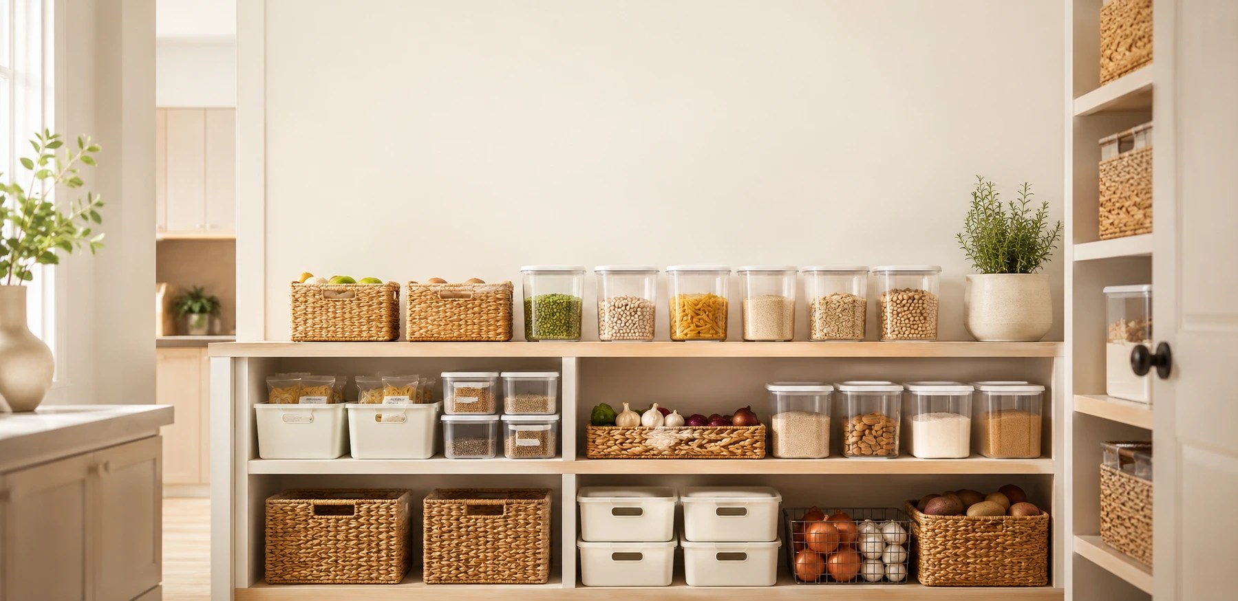 Fully organized pantry with clear canisters, woven baskets, and stackable bins arranged neatly on wooden shelves
