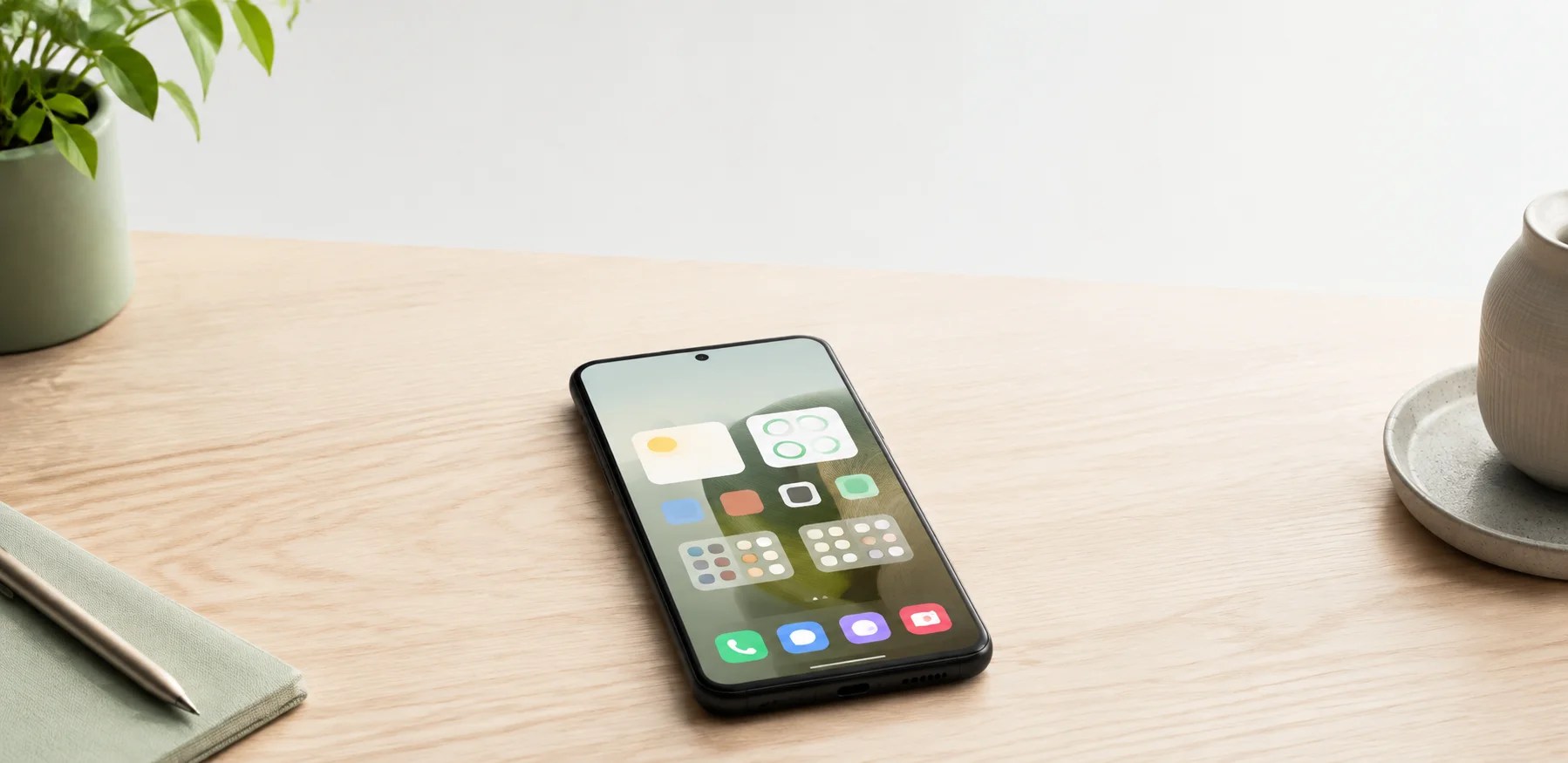 Android smartphone with an organized home screen on a light wood desk beside a sage-green notebook and plant