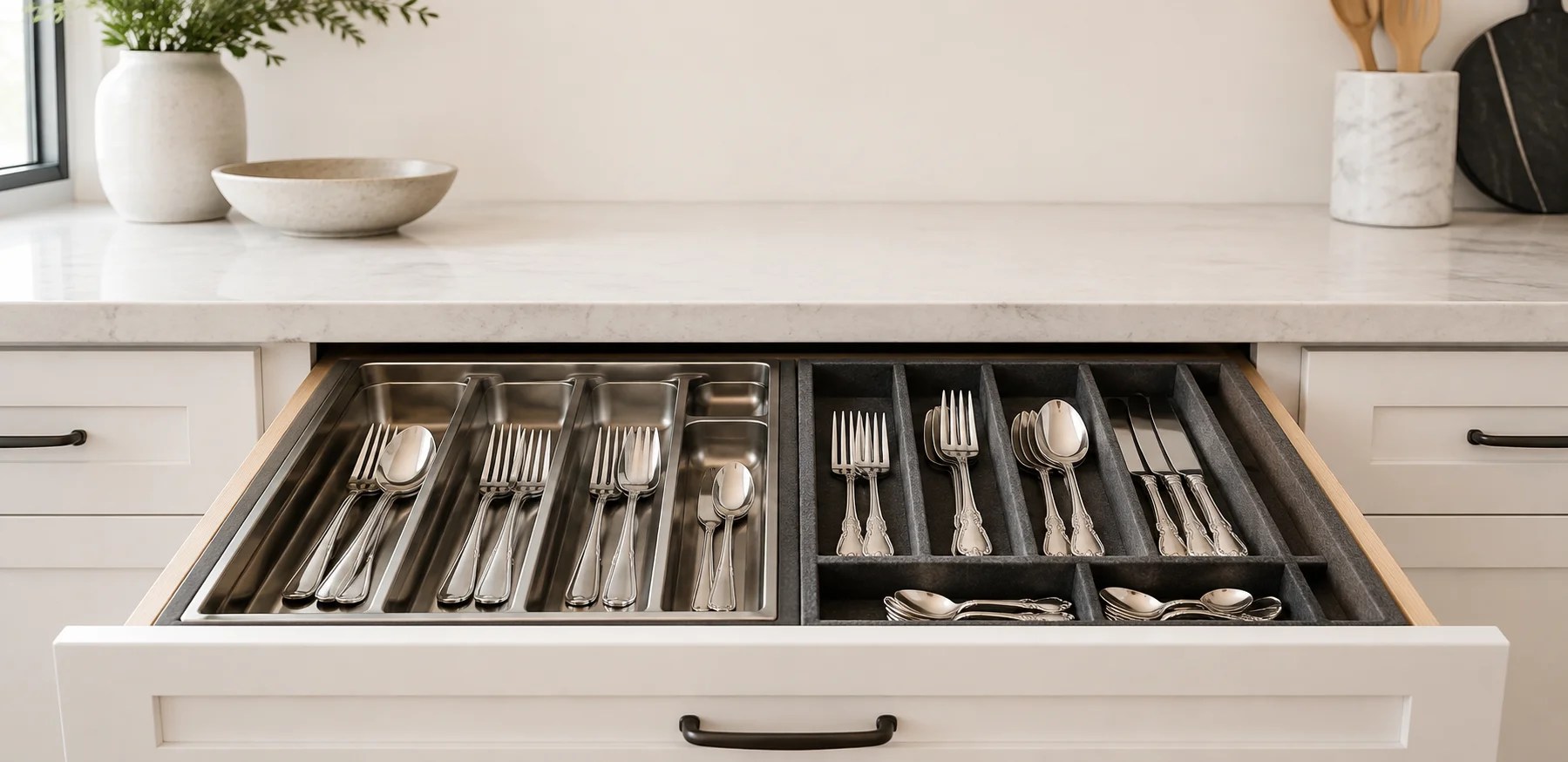 Open silverware drawer comparing a stainless-steel tray with a felt-lined silver insert holding polished utensils