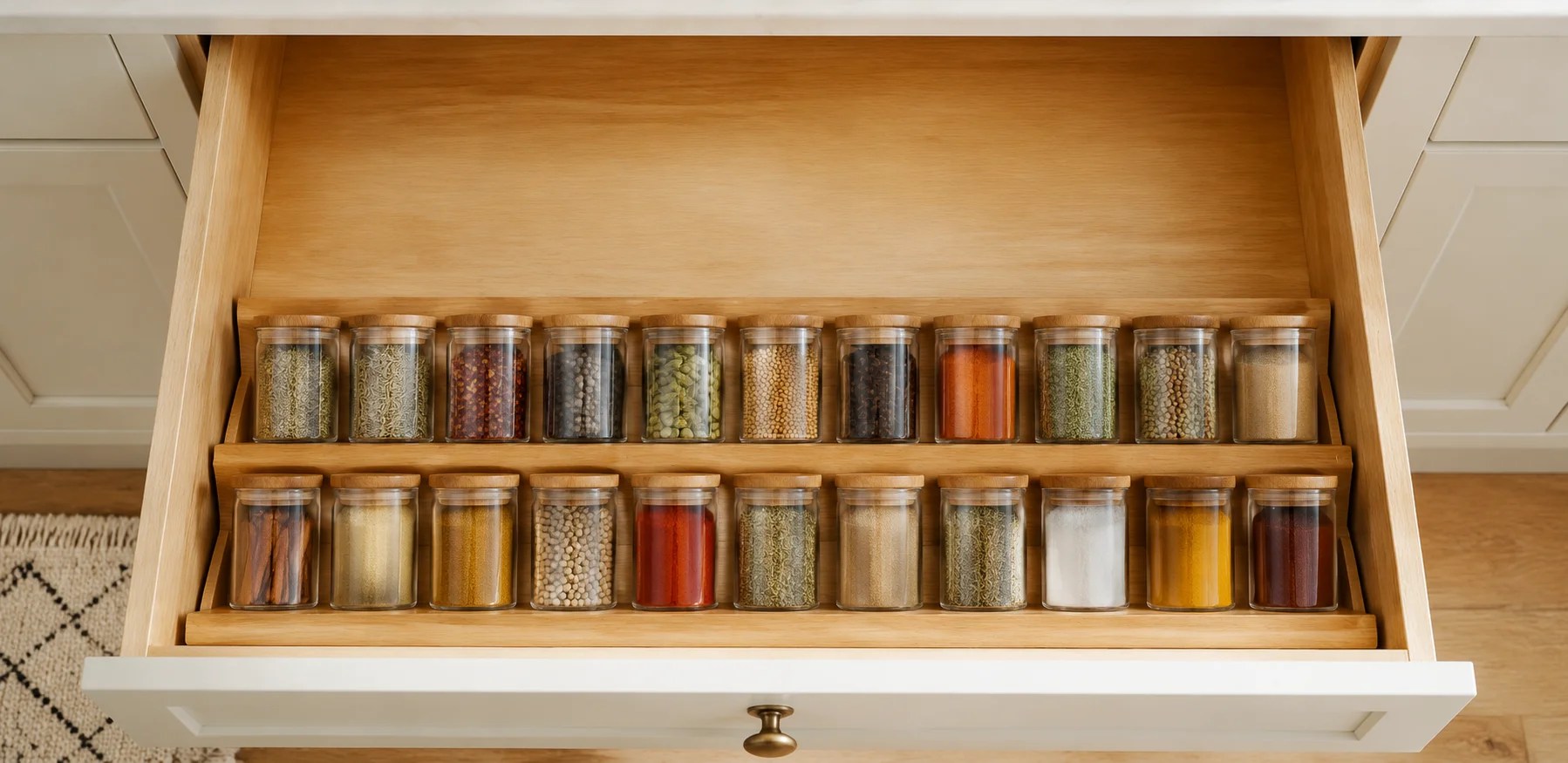 Open kitchen spice drawer with two rows of glass spice jars arranged in a tiered wooden organizer