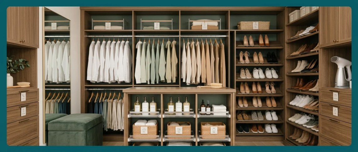A clean lifestyle hero photograph of a fully organized walk-in closet styled in warm oat and deep sage tones, featuring a double hang rod with neatly arranged clothes, labeled shelf sections, and an angled shoe rack in soft, natural lighting.